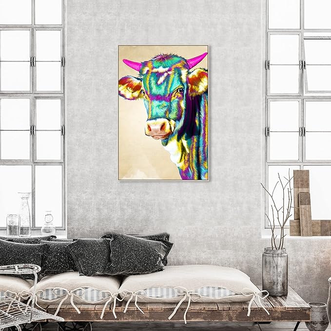 Country Farmhouse Canvas Print Painting Animal Wall Art 'Fun Colorful Glam Farm Cow' Champagne Framed Canvas Rustic Home Décor 30x45 in Green, Pink by Oliver Gal