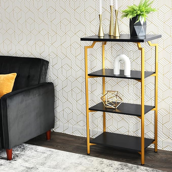 Household Essentials Crown Narrow 4 Shelf Open Storage Bookshelf Black Oak Wood Grain and Gold Metal