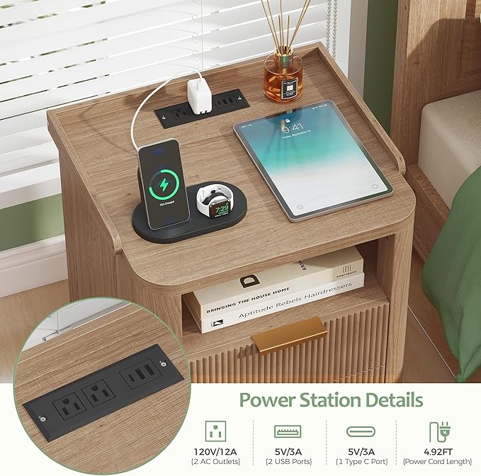 Night Stand with Charging Station, Fluted NightStand with LED Light and 2 Drawers, Wood Bedside Table with Open Storage, Modern
