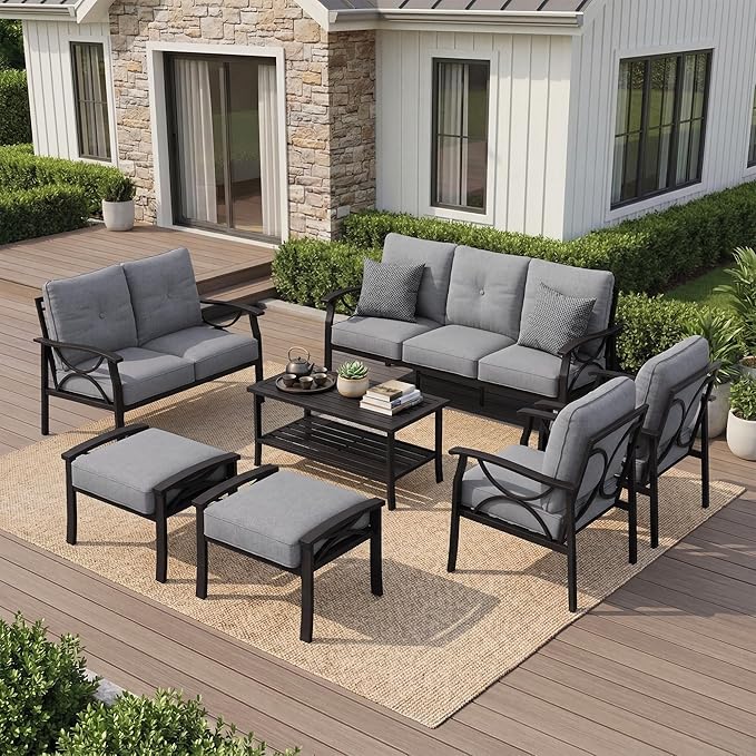 RoyalCraft Outdoor Patio Furniture Set, 9 Seats Outdoor Patio Set with 4" Thick Cushion, All-Weather Metal Patio Sofa with Coffee Table, Outdoor Sectional Furniture for Porch Backyard, Khaki&Grey