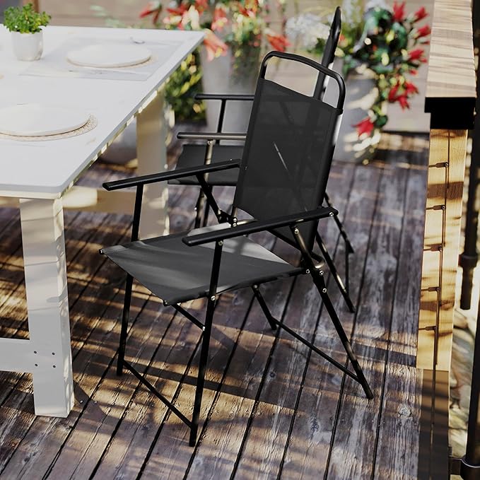 Flash Furniture Mystic Folding Patio Sling Chairs, Outdoor Textilene Lawn Chairs with Armrests, Set of 4, Black