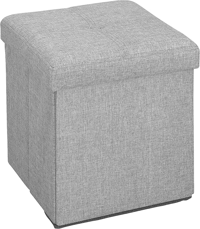 Simplify Faux Linen Folding Storage Ottoman | Single | Collapsible | Tufted Padded Seating | Foot Rest | Toy Box | Bench | Grey