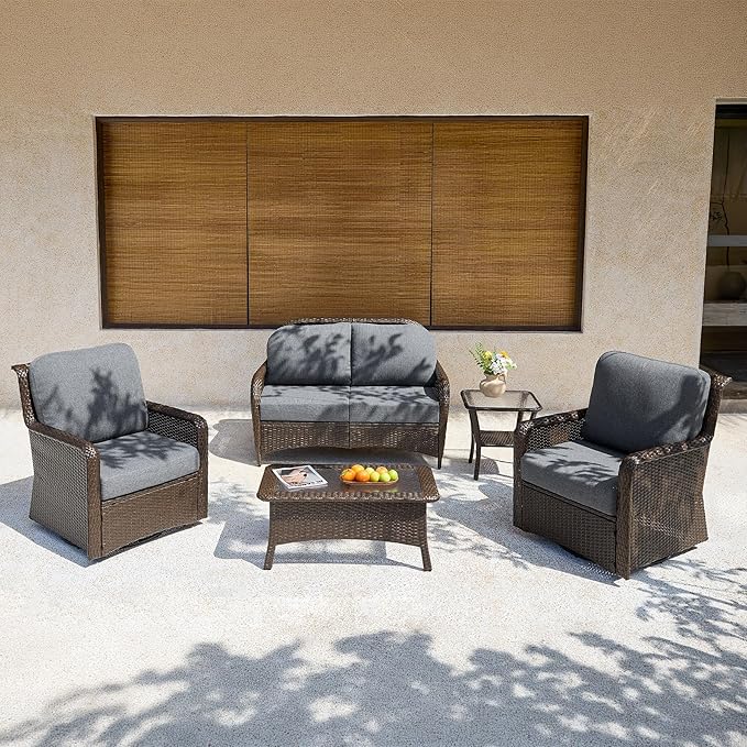 Tribesigns 5-Piece Outdoor Wicker Patio Furniture Set with 2 Swivel Chairs, 1 Loveseat & 2 Tables, All-Weather PE Rattan Conversation Set with Thick Gray Cushions, Brown Wicker Patio Set for Backyard