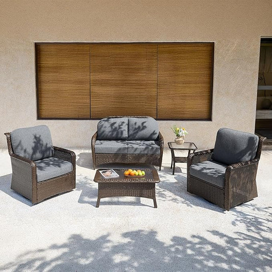 Tribesigns 5-Piece Outdoor Wicker Patio Furniture Set with 2 Swivel Chairs, 1 Loveseat & 2 Tables, All-Weather PE Rattan Conversation Set with Thick Gray Cushions, Brown Wicker Patio Set for Backyard