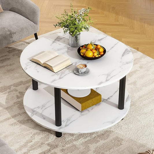 23.6" Round Coffee Table, 2-Tier Small Circle Coffee Table with Storage, Modern Center Accent Table with Metal Frame, Side Table End Table for Small Space, Living Room, Office, White