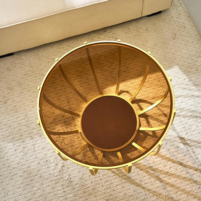 Saint Mossi Glass Round Coffee Table for Living Room, Modern 2-Tier Gold Drum Center Table, Brown Glass Top, Brown Mirror Shelf and Gold Frame, W30xH16.5