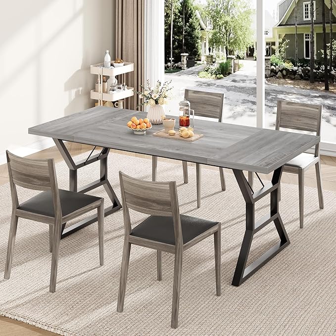 GarveeHome 70.9 in Large Dining Room Table for 6, Rectangular Kitchen Table with Heavy Duty Metal Legs, Farmhouse Wooden Dining Table for Big Family (Grey)
