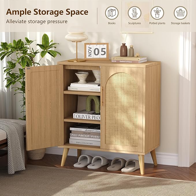 2 Pack 15.7" D Rattan Buffet Cabinet with Storage, Buffet Sideboard with Adjustable Shelf and Solid Wood Legs, Floor Storage Cabinet with Doors, Coffee Bar for Kitchen, Living Room, Natural