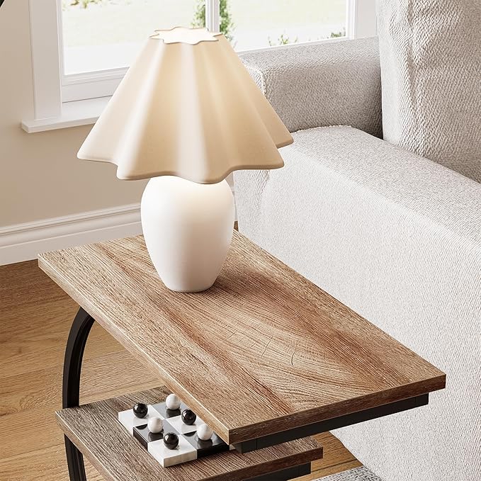 LITTLE TREE End Table Set of 2, Narrow End Table with 3 Storage Shelves, Industrial C-Shaped Small Sofa Side Table for Living Room, Wood Slim Snack Table with Black Metal Frame, Oak