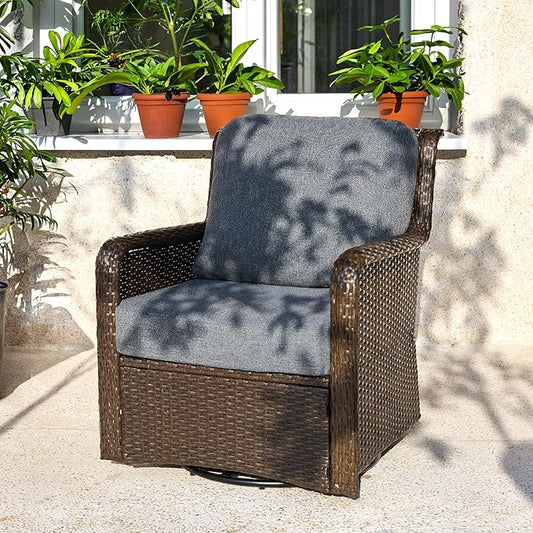 Tribesigns Outdoor Wicker Swivel Chair, Patio Rattan Rocking Chair with Thick Gray Cushions, 360 Degree Swivel Patio Chair for Deck, Backyard, Porch, Garden, Brown/Gray