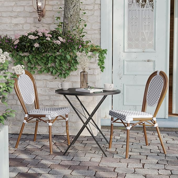 Flash Furniture Lourdes Indoor/Outdoor Commercial Thonet Bistro Stack Chair - White/Gray PE Rattan Back and Seat - Natural Bamboo Print Metal Frame - Set of 2