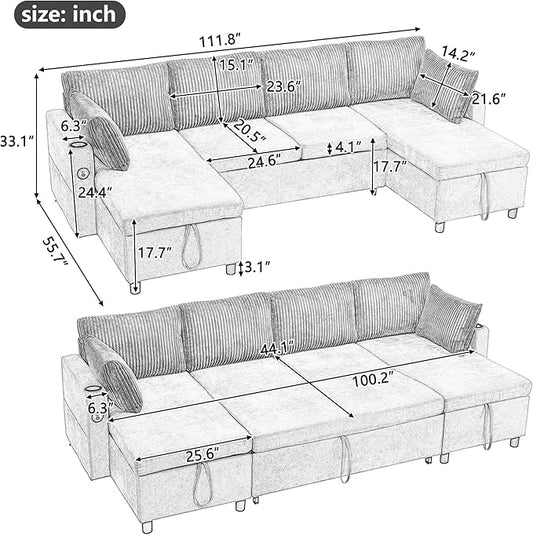 Ball & Cast 111.8" Upholstered Sectional Sleeper Sofa Bed, U Shaped Pull Out Couch with Storage Chaise,USB Ports and Two Cup Holders, for Living Room,Office, Apartment, Beige