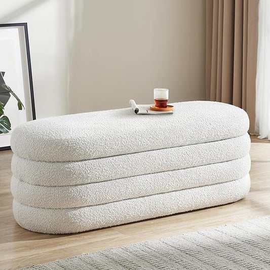 Boucle Storage Ottoman Bench for Bedroom 49.2 Inch Upholstered Modern Bedroom Bench with Storage Oval Large End of Bed Bench with Storage for Living Room, Entryway(Ivory)