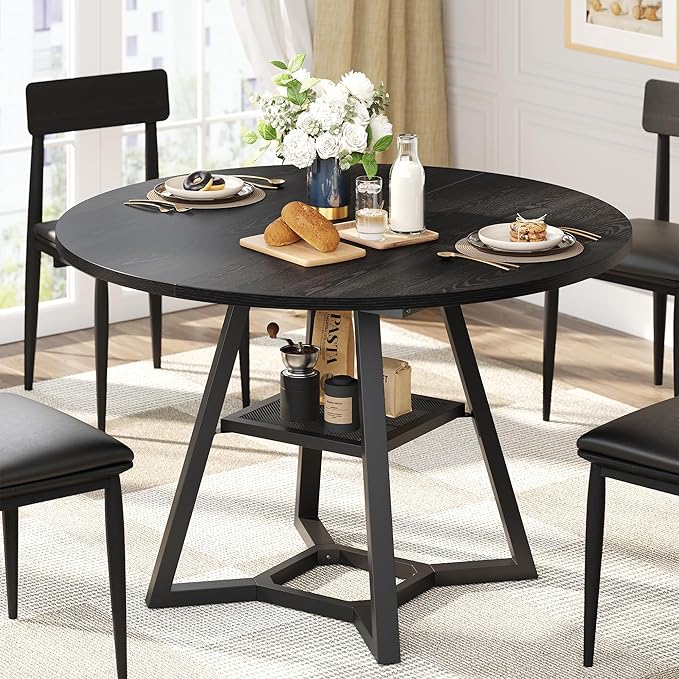 Round Dining Table for 4, Kitchen Tables Dining Room Circle Dinner Table with Pedestal Metal Frame, Space Saving Wood Industrial Kitchen & Dining Room Tables, Black 47In
