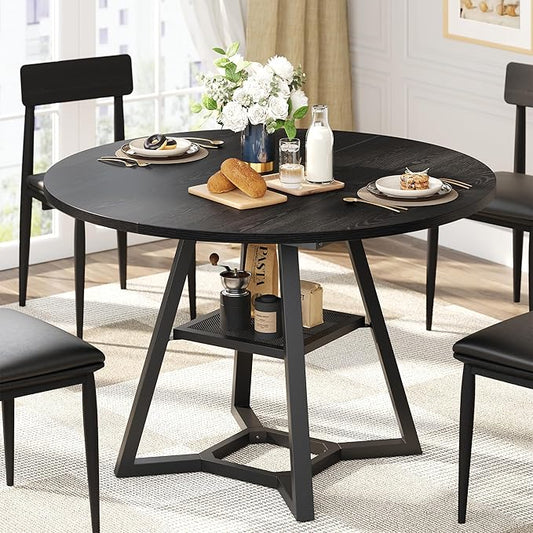 Round Dining Table for 4, Kitchen Tables Dining Room Circle Dinner Table with Pedestal Metal Frame, Space Saving Wood Industrial Kitchen & Dining Room Tables, Black 47In