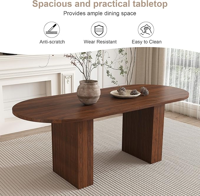 KEIKI 63" Oval Dining Table, Modern Farmhouse Dining Table for 6, Kitchen Table with Walnut Veneer Top & Sturdy Wood Metal Base, Scratch-Resistant Surface, Walnut