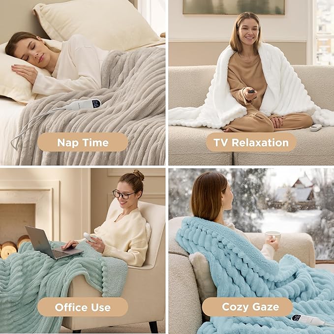 Bedsure Electric Blanket Queen Size - Thick Striped Flannel Electric Blanket with Dual Control, Heating with 10 Heat Settings & 10 Time Settings, 8 hrs Timer Auto Shut Off (84x90 inches, White)