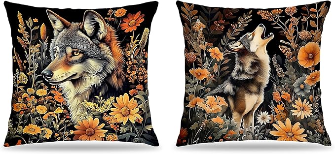 William Morris Inspired-Floral Wolf Pillow Covers 18x18 Set of 2, Dark Cottagecore Decor, Moody Floral Botanical Mysterious Grey Wolf Wild Animal Decor Pillow Covers for Home Living Room Bedroom