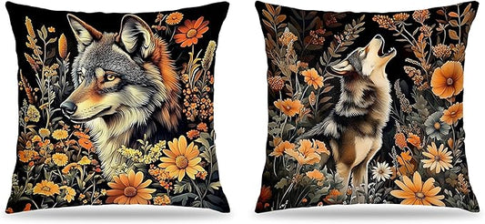William Morris Inspired-Floral Wolf Pillow Covers 18x18 Set of 2, Dark Cottagecore Decor, Moody Floral Botanical Mysterious Grey Wolf Wild Animal Decor Pillow Covers for Home Living Room Bedroom
