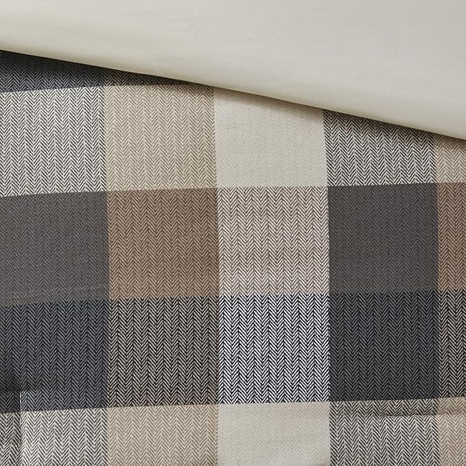 Madison Park Ridge Comforter Set - Cabin Lodge Plaid Herringbone Design, All Season Down Alternative Cozy Bedding with Matching Bedskirt, Shams, Decorative Pillow, Cal King(104"x92"), Neutral 7 Piece