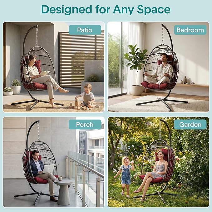 SereneLife Egg Chair with Stand – Hanging Rattan Wicker Swing for Indoor Outdoor Use – 350 lbs Capacity, Breathable Cushion & Headrest – Patio, Balcony, Porch, Bedroom Lounge Furniture