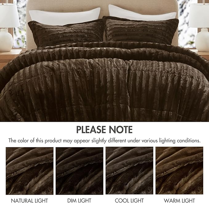 Madison Park Duke Faux Fur Plush Bedding 3 Piece Comforter Set Super Soft and Cozy Warm, King/Cal King, Chocolate