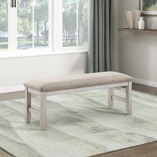 Lexicon Dining Bench with Padded Seat and Wooden Frame, Entryway Bench, Light Gray Textured Fabric Upholstered Dining Seat for Kitchen/Living Room, 19.5" SH, Brushed Antique White