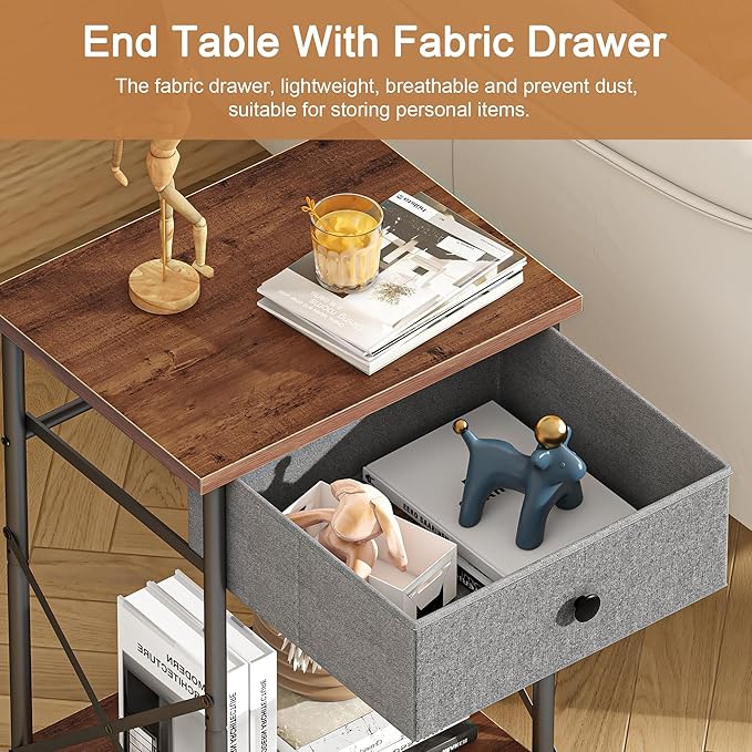 VECELO End Tables, Modern Nightstand with Fabric Drawer & Open Shelf, Night Stand for Bedroom Living Room, Industrial Metal Frame, Easy Assembly, Rustic Brown,2 Pack