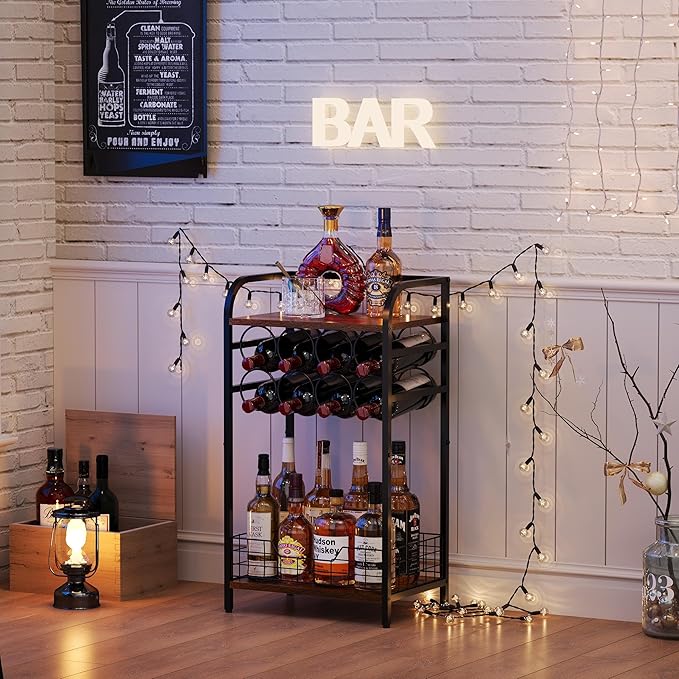3-Tier Wine Bar Table: Small Liquor Bottle Holder with 8-Bottle Wine Rack Mini Wine Bar Cabinet Corner Whiskey Display Shelf Floor Liquor Storage Bar for Home Living Room