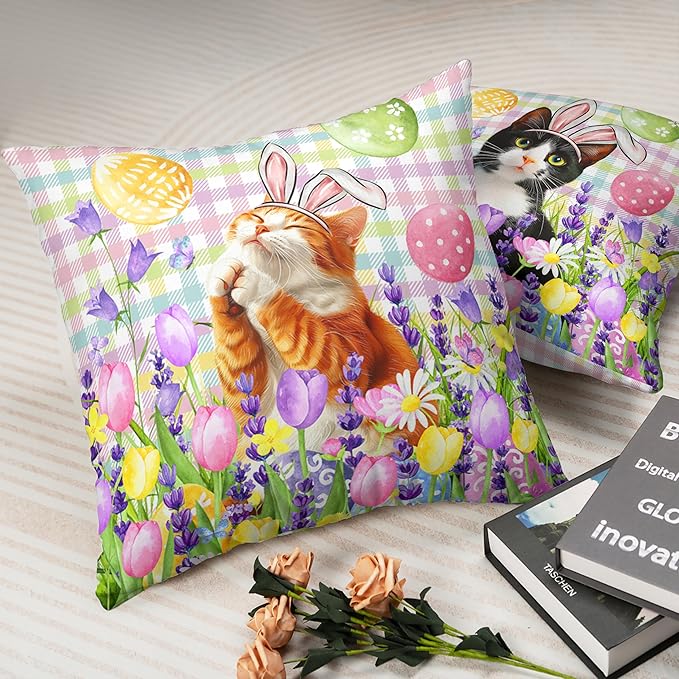 Spring Easter Pillow Covers 16x16 Set of 2 Lovely Cow Cat and Ginger Cat Wearing Bunny Ears Throw Pillow Covers Tulip Floral Pillow Case for Easter Decoration Sofa Patio Garden