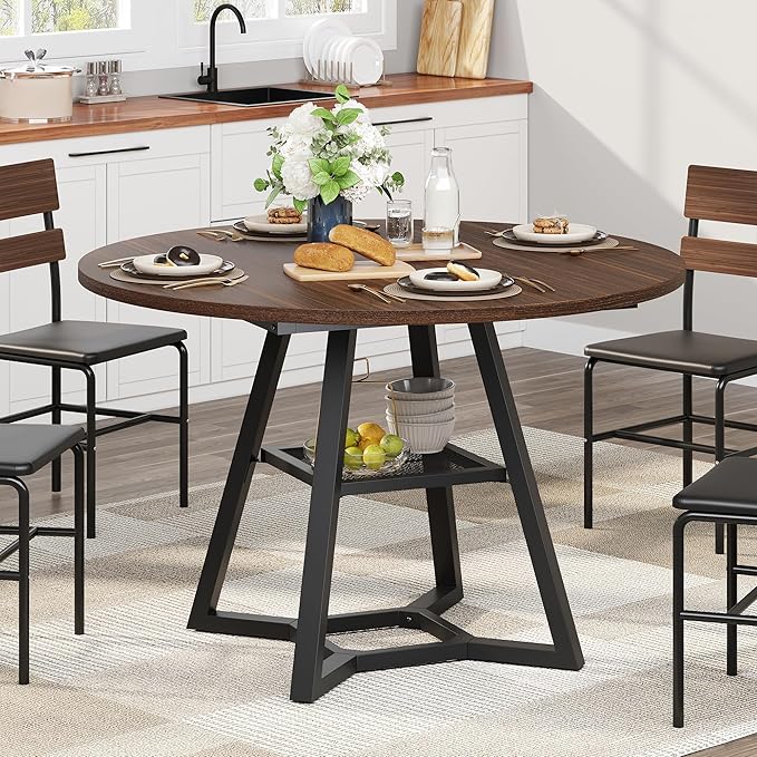 Round Dining Table for 4, Kitchen Tables Dining Room Circle Dinner Table with Pedestal Metal Frame, Space Saving Wood Industrial Kitchen & Dining Room Tables, Walnut 43In