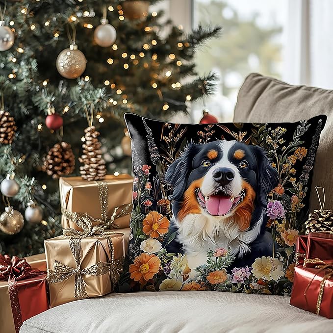 William Morris Inspired-Vintage Floral Bernese Mountain Dog Pillow Covers 18x18, Dog Lover Mom Gifts, Moody Dark Cottagecore Botanical Dogs Decorative Pillow Covers for Home Living Room Bedroom