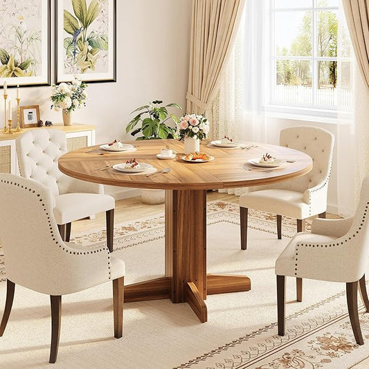 IDEALHOUSE Round Dining Table for 4-6 People, 47" Wood Kitchen Table with Sturdy Pedestal Base, Farmhouse Circle Dinner Tables for Dining Room, Living Room, Apartment, Walnut