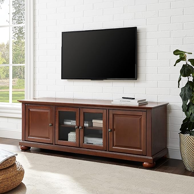 Crosley Furniture Alexandria Low Profile TV Stand for 65+ inch TVs, Entertainment Center with Storage Shelves, Vintage Mahogany