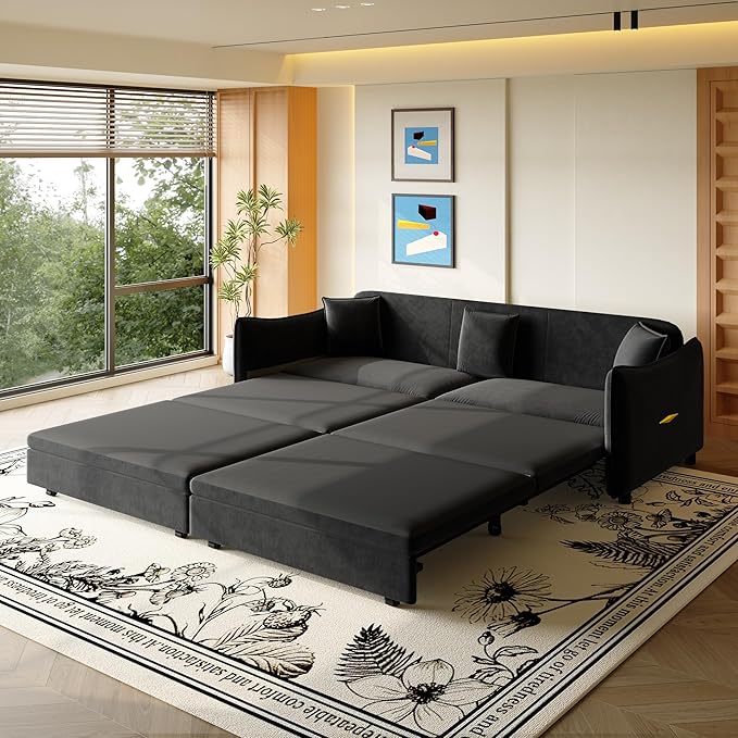 Eafurn 82" Oversized Loveseat Convertible Pull Out Sleeper Sofa Couch Bed King Size, 3-in-1 Sleeper Loveseat Sofa Lounge Chaise with Pull Out Bed and Curved Armrest | Removable Cushions