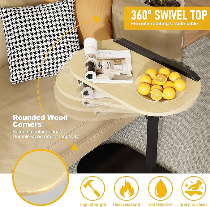 C Shaped End Side Table with Anti-Drop Rod, Adjustable Height & 360° Swivel Snack Table for Couch, Sofa, Bedroom, Living Room, TV Tray Table for Eating, Dinner or Laptop, Small Spaces, Wood