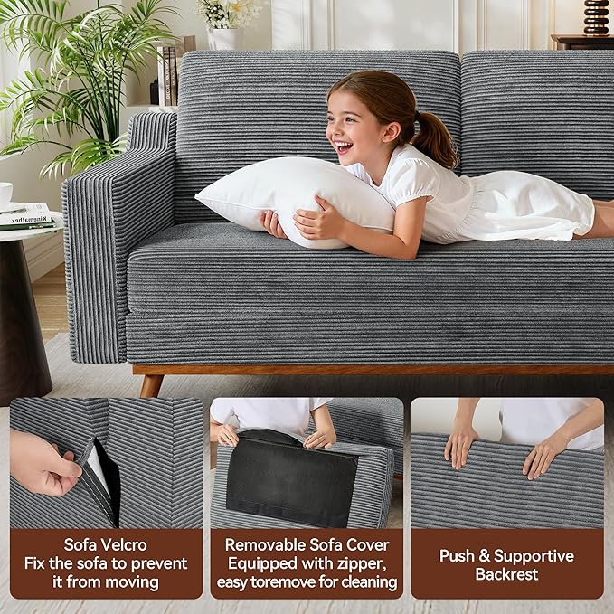 Vipbear 65.4" Loveseat Sofa Grey Corduroy Couch, Mid-Century Modern Small Couches for Living Room, Bedroom, Office, Comfy Sofa with Spring Cushion, Solid Wood Frame, Tool-Free Assembly