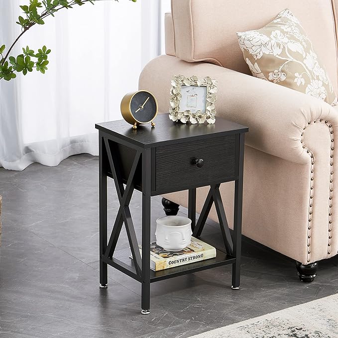 VECELO End Tables, Modern Nightstand with Drawer & Shelf, Night Stand for Bedroom Living Room,Industrial Metal Frame