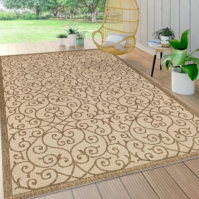 JONATHAN Y Vintage Filigree Indoor Outdoor Area Rug 8X10 Beige/Brown, Madrid Textured Weave for Backyard, Patio, Porch, Easy-Cleaning, High Traffic, Pet-Friendly, Non-Shedding (SMB107B-8)