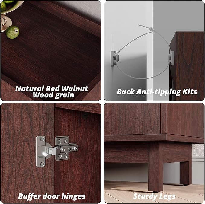 IRONCK Storage Cabinet, Buffet Cabinet with Grille Doors and 2 Adjustable Shelves, Mid Century Sideboard for Kitchen, Dining Room, Entryway（Natural Red Walnut）