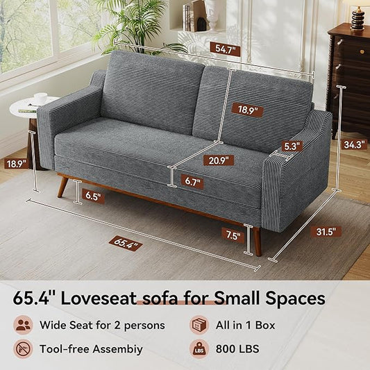 Vipbear 65.4" Loveseat Sofa Grey Corduroy Couch, Mid-Century Modern Small Couches for Living Room, Bedroom, Office, Comfy Sofa with Spring Cushion, Solid Wood Frame, Tool-Free Assembly