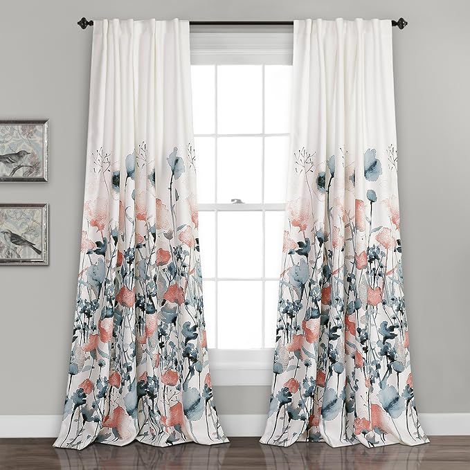 Lush Decor Zuri Flora Light Filtering Window Curtain Panel Pair, 95" x 52", Blue & Coral, 95 in x 52 in, Blue and Coral