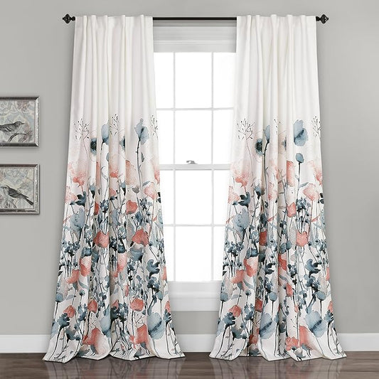 Lush Decor Zuri Flora Light Filtering Window Curtain Panel Pair, 95" x 52", Blue & Coral, 95 in x 52 in, Blue and Coral