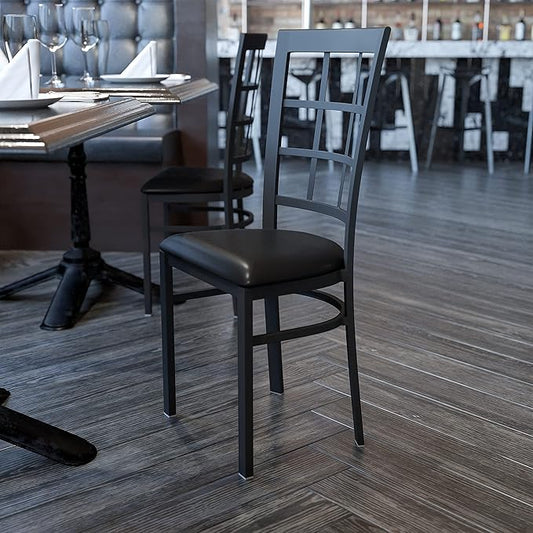 Flash Furniture Hercules Series Window Back Metal Restaurant Chair, Modern Upholstered Armless Dining Chair for Restaurants and Kitchens, Black