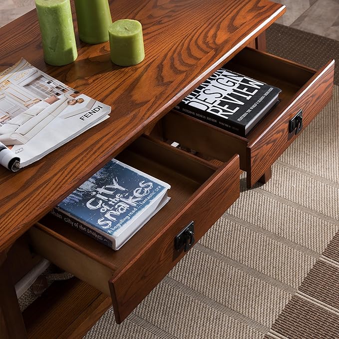 Leick Home 10055-RS Mission Coffee Table for Living Room, Two Drawers and Shelf, Made with Solid Wood, Russet Finish