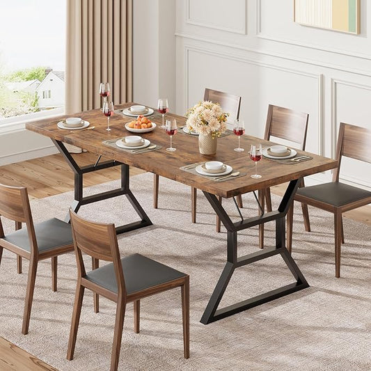 GarveeHome 70.9 in Large Dining Room Table for 6, Rectangular Kitchen Table with Heavy Duty Metal Legs, Farmhouse Wooden Dining Table for Big Family (Brown)