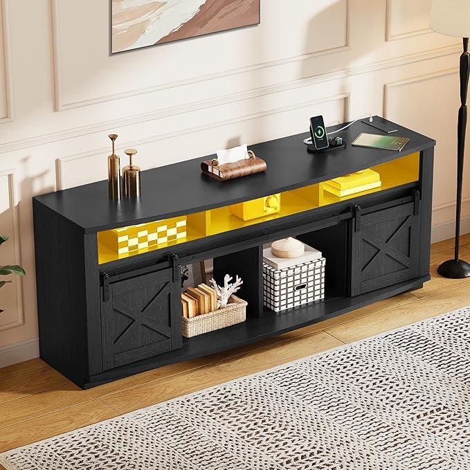 YITAHOME TV Stand for 75/80 Inch TV, Black Entertainment Center 70 Inches Wide, Media Furniture TV Table with with Power Outlet, TV Consoles for Living Room, Curved Desktop, Sliding Barn Doors