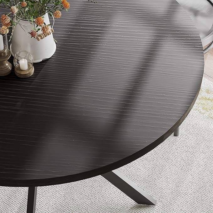 ChooChoo 47.2 Inch Round Dining Table for 4, Farmhouse Wood Kitchen Table, Circle Dinner Table for Kitchen & Dining Room, Black