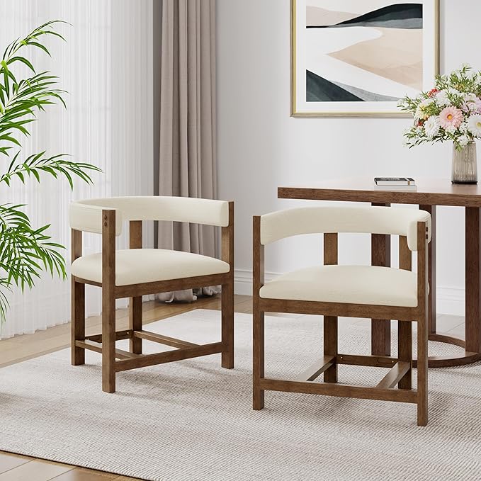 Christopher Knight Home Set of 2 Arley Modern Fabric Upholstered Dining Armchair, Sturdy Wooden Kitchen Side Chair with Ergonomic Backrest and Footrest, Soft Padded Barrel Accent Chair, Beige+Walnut