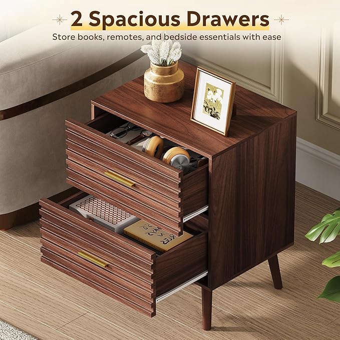 WLIVE Mid Century Modern Nightstand, Fluted Wood Bedside Table with Two Drawers, Brown Night Stand for Bedroom